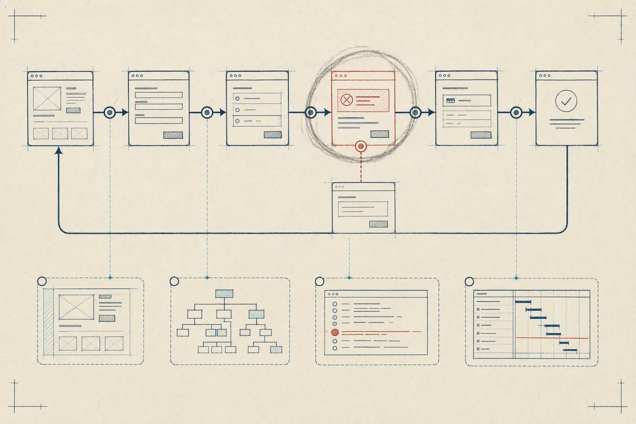 Technical plan of a browser journey with one failed step circled and four evidence callouts